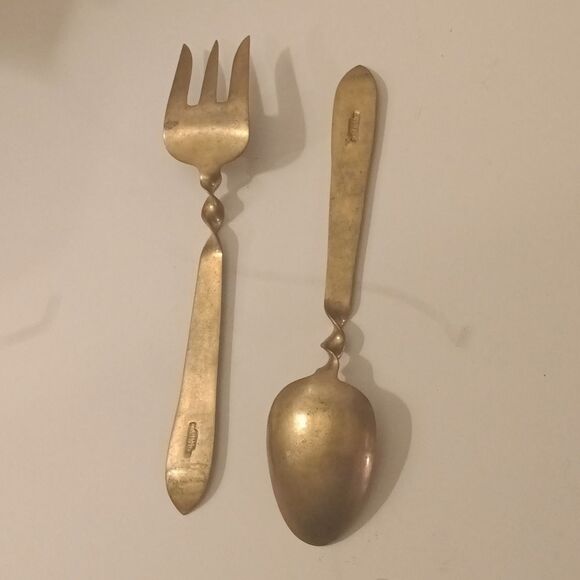 Signed Vintage Bronze Brass Spoon Fork Serving Set - Picture 3 of 8